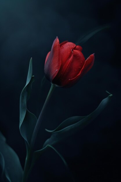 Red Tulip with Water Drops on Dark