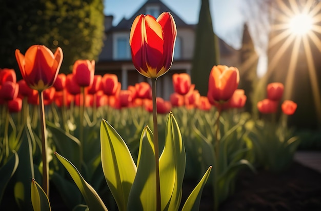 Red tulips blooming flowers field sunny day gark farm garden holland coumtryside landscape horizon