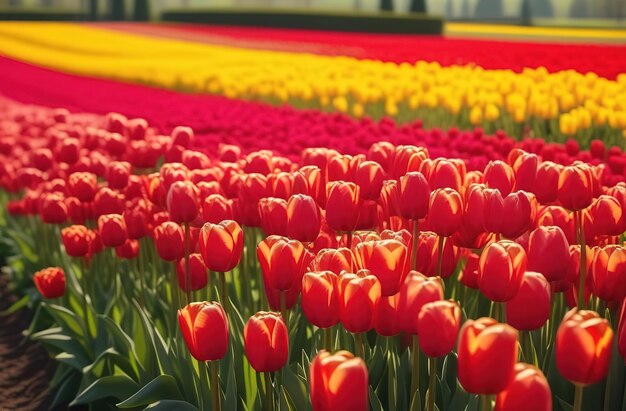 Red tulips blooming flowers field sunny day gark farm garden holland coumtryside landscape horizon