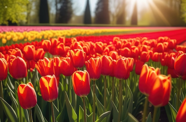 Red tulips blooming flowers field sunny day gark farm garden holland coumtryside landscape horizon