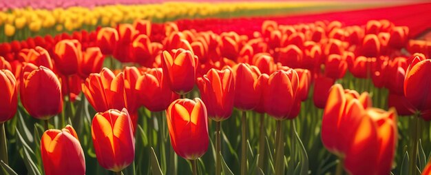 赤いチューリップの花がく 畑の晴れた日 ガーク 農場の庭園 オランダの田舎 景色の地平線