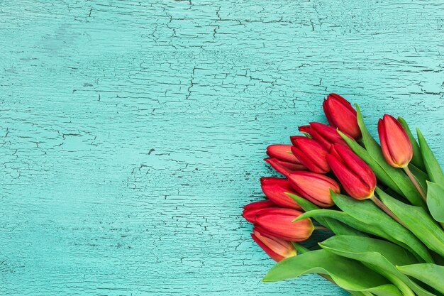 Red tulips bouquet on blue wooden