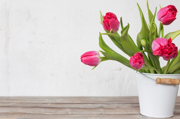 Red tulips in bucket on background  old  white wall