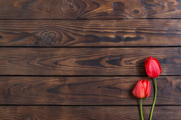 Red tulips on dark wooden table