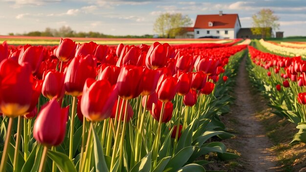 Red tulips in the field