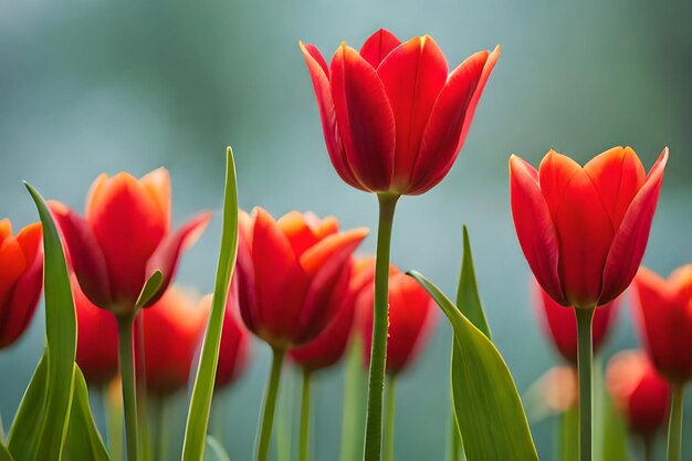 Red tulips in a green background