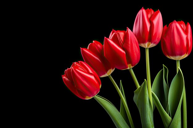 Red tulips isolated on black background