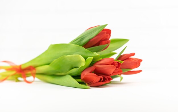 Red tulips lie on a white table