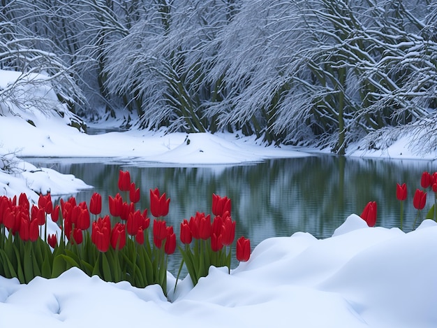 Red tulips in the snow by a lake