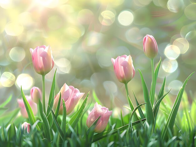 Red tulips spring Colorful bokeh background