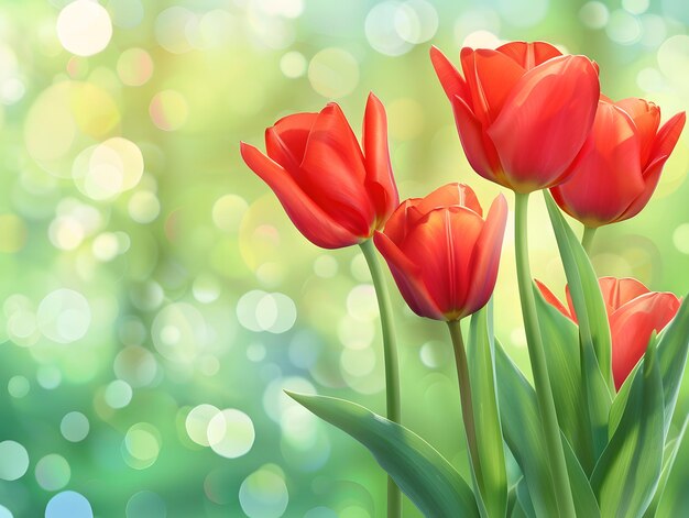 Красные тюльпаны весной Цветный фон боке