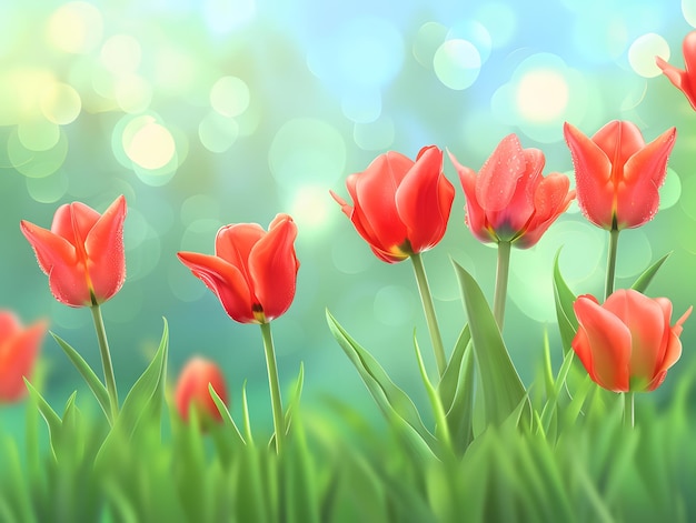 Red tulips spring Colorful bokeh background