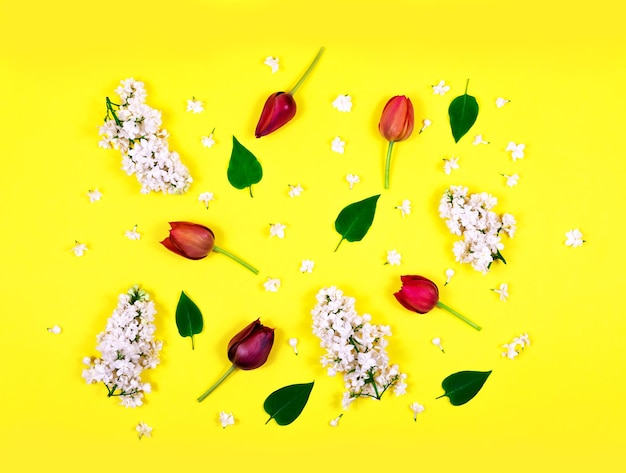 Красные тюльпаны и белая сирень на желтом фоне Вид сверху Заготовка для открытки