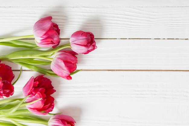 Red tulips on white wooden surface