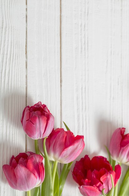 Red tulips on white wooden table