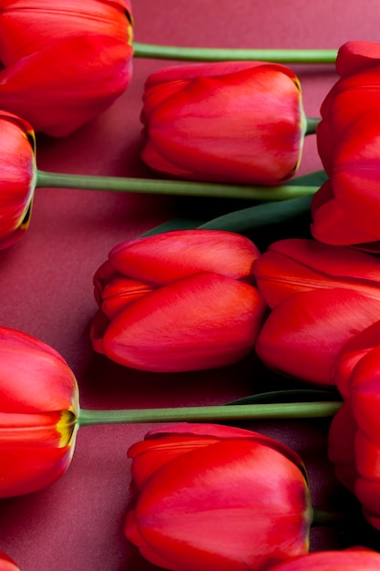 Red tulips with bright petals in a bouquet