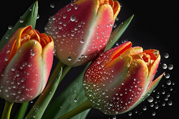 Red tulips with droplets after the rain Closeup Realistic illustration