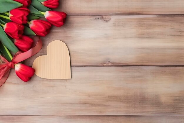 Red tulips on a wooden background with a heart and a red ribbon.