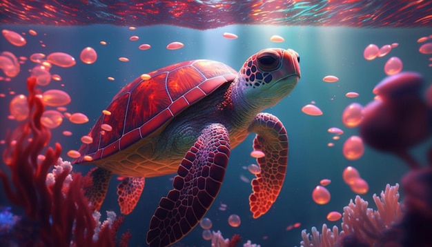 red turtle in the ocean with marine plants