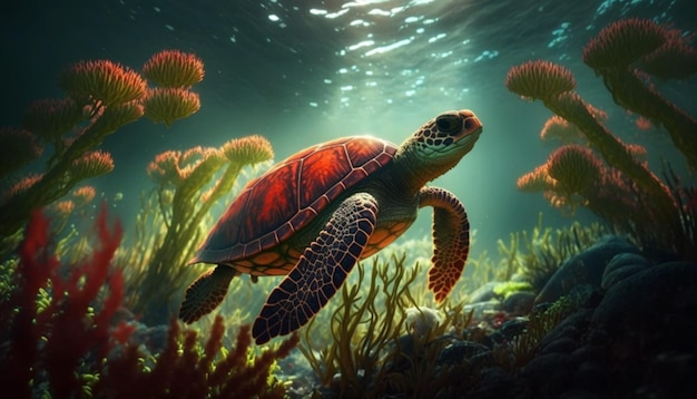 red turtle in the ocean with marine plants