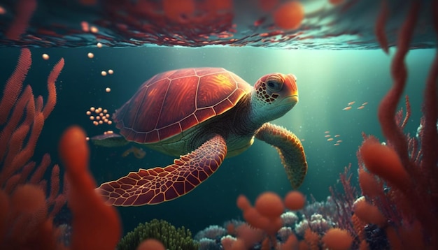 red turtle in the ocean with marine plants