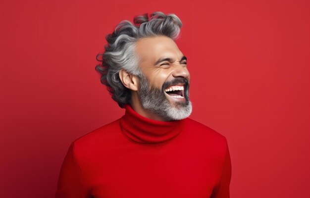 Red turtleneck man laughing