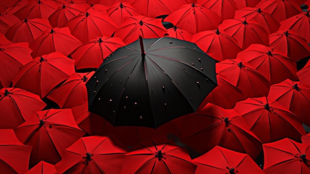 Red umbrella fly out from crowds of black umbrellas