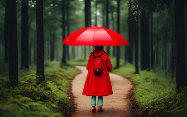 Photo red umbrella in the forest