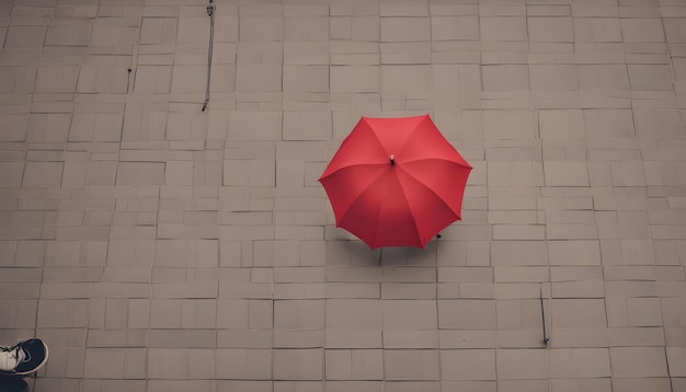 a red umbrella is on the floor with a white tile background