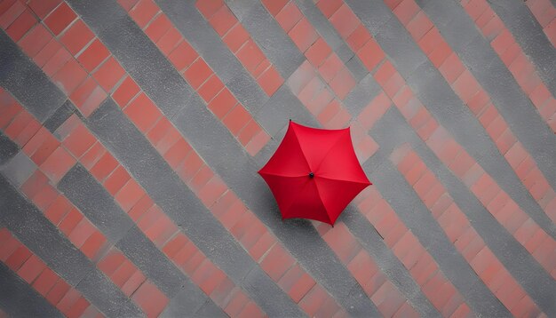 a red umbrella is open on a tiled floor