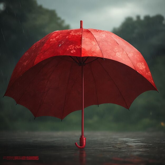 A red umbrella lies on a path in a park