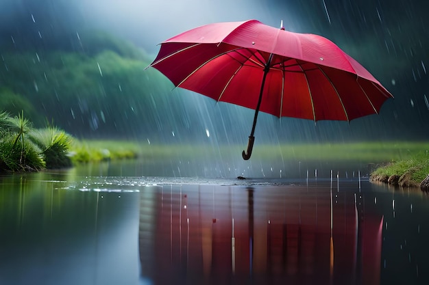 red umbrella in the rain with reflection of trees and grass