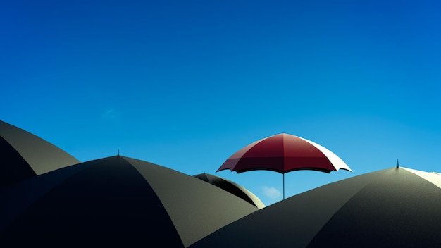 多くの黒い傘から目立つ赤い傘。リーダーシップ、独立性、イニシアチブ、戦略、異なる考え、ビジネスの成功の概念。