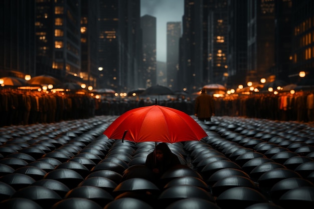Red umbrella stands out amidst black ones cityscape background