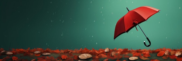 Red umbrella with dry autumn leaves on green background