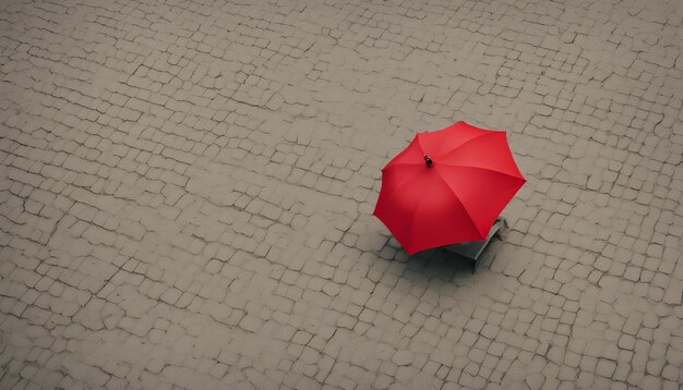 a red umbrella with a person walking on the street