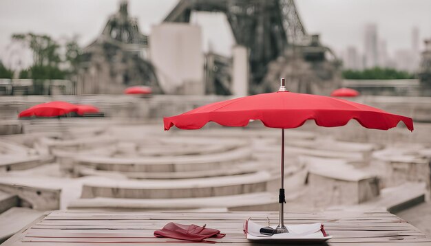 Photo a red umbrella with a red umbrella on a table