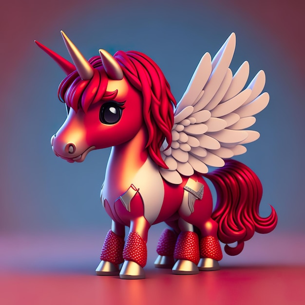 A red unicorn with wings and a white tail is standing on a blue background.