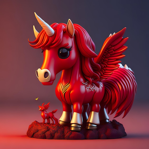 A red unicorn with wings and wings is on a red background.