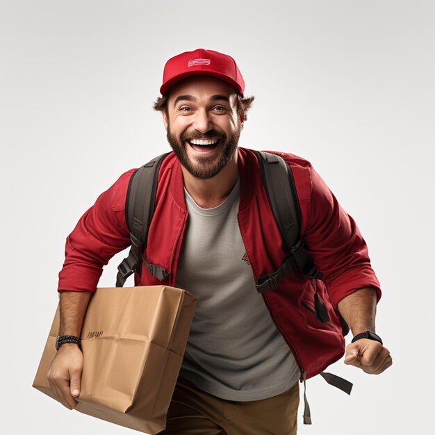 Photo a red uniform delivery man with parcel isolated on white background