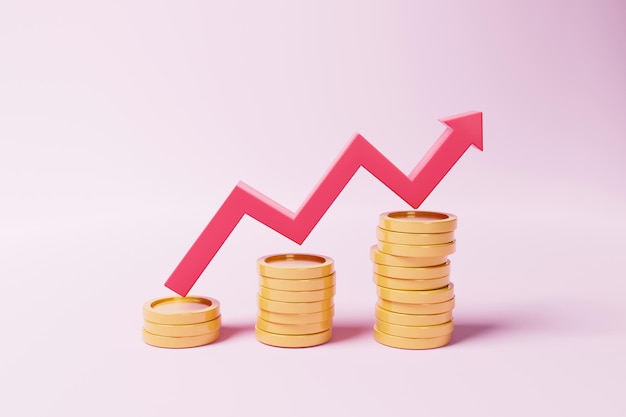 Red up arrow and coin stacks on pink background Financial success and growth concept 3d illustrati