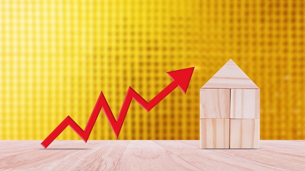赤い上向きの矢印と木製の家 - 不動産価格の上昇不動産需要の高騰アパートの賃貸率と住宅ローンの売上高人口増加