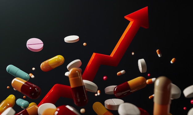 A red upward arrow flows from various drugs and medicine pill Pharmaceutical drug prices rising