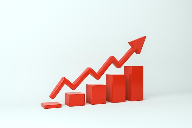 red upward trend arrow and bar chart on light background 3d rendering