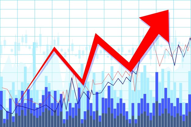 Red upwards arrow and financial data growth prosperity concept