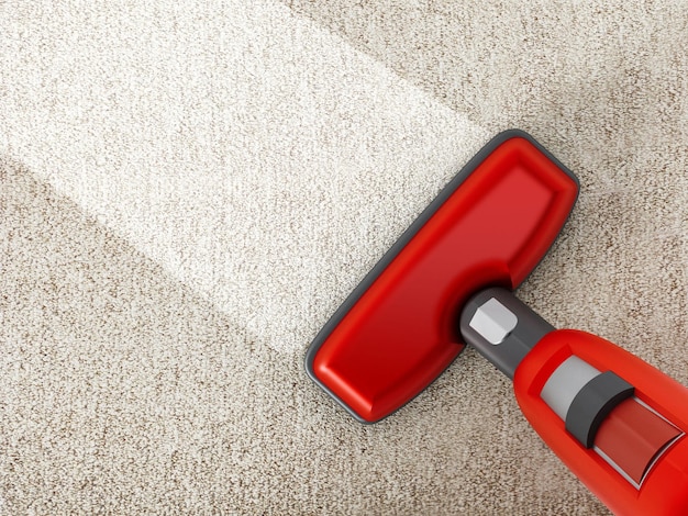 Red vacuum cleaner cleaning a carpet