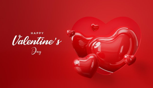 Red Valentines day greetings banner and heart decoration 3d render