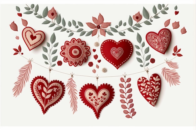 red valentines garland on white isolated background , boho style