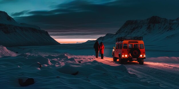 a red van is driving through the desert