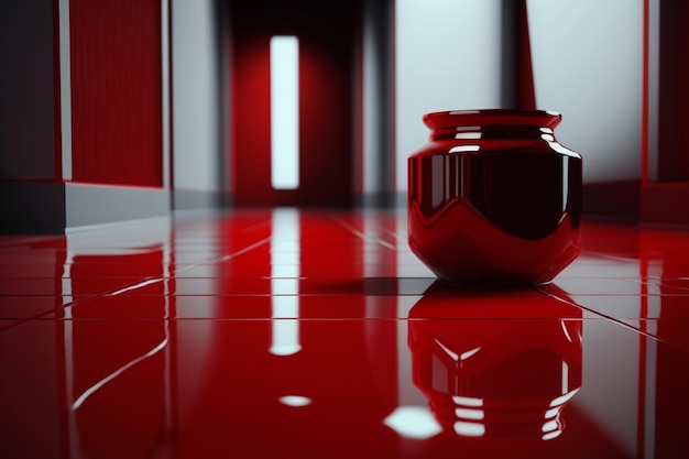 A red vase is on a red floor in a room with a door in the background.